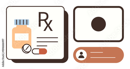 Pharmacology concept with pill bottle, medication icons, and patient card. Ideal for healthcare, pharmacy, prescription, telemedicine, medical records, patient information simple flat metaphor