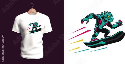 Vector T-shirt design of a futuristic reptile warrior snowboarding at high speed, featuring angular armor, sharp claws, sleek glowing details, and motion streaks. The creature leans aggressively