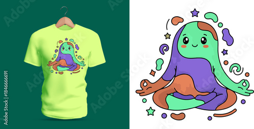 Vector T-shirt design of a cute melting slime creature blending pastel green, purple, and orange colors. The character has a smiling face, smooth drips, soft rounded shapes, and floating blob elements