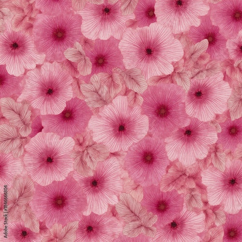 A springsummer design featuring a seamless floral pattern with pink blooms and leaves