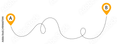 Squiggle travel line with loops connecting two orange map pins labeled "A" and "B", representing a journey or route