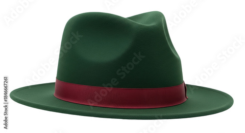 Photos Isolated stylish dark green felt fedora hat with maroon ribbon band, fashion acc