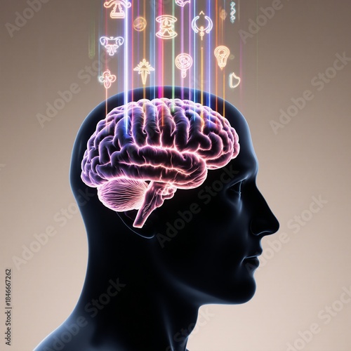 Glowing streams of abstract knowledge symbols nourish a serene brain image