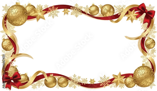 Luxurious Golden Christmas Ornaments Frame Border with Rich Red Ribbons and Sparkling Snowflakes