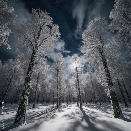 Winter night landscape featuring snowy trees