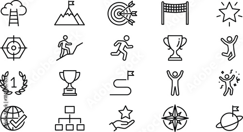 Business success achievement line icons set, goal target strategy motivation leadership progress teamwork victory vector illustration outline minimal design modern