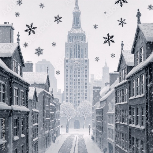 A paper cut style illustration featuring a wintery cityscape