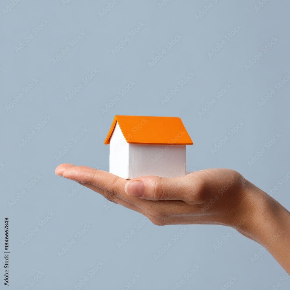 Naklejka premium Hand holding miniature house model with orange roof on grey background