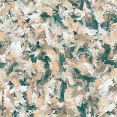 Chaotic brush strokes pattern. Oil paintings texture. Dark sea green, grey olive, desert sand and seashell white colors. Seamless hand drawn background.