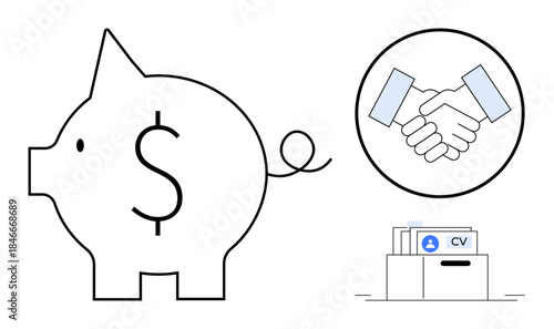 Financial planning. Piggy bank s savings and budgeting. Handshake agreements and partnerships. CV documents signify job search and employment. For career development, banking, hiring, partnerships