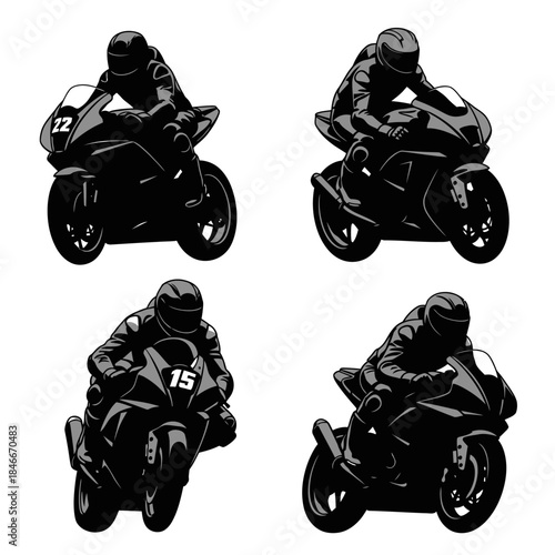 Vector illustration set of four dynamic sport bike motorcycle racers in action