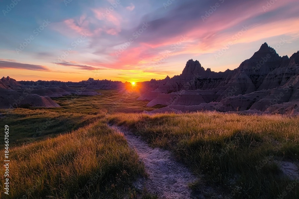 Obraz premium Vibrant sunset over rugged landscape with rocky formations and grassy terrain under colorful sky creating peaceful and breathtaking natural scene
