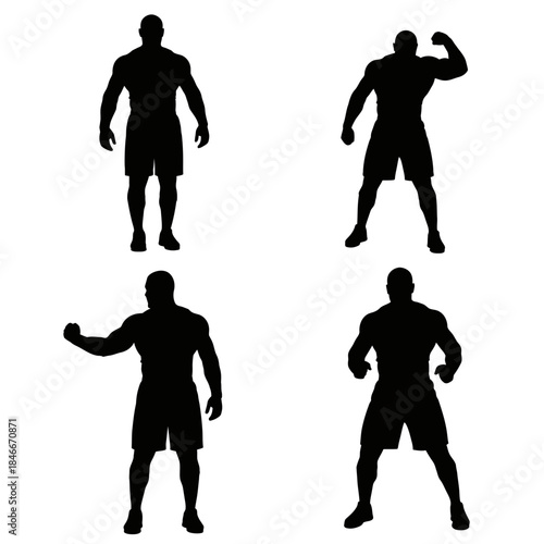 Set of dynamic muscular male silhouettes demonstrating strength and athletic poses