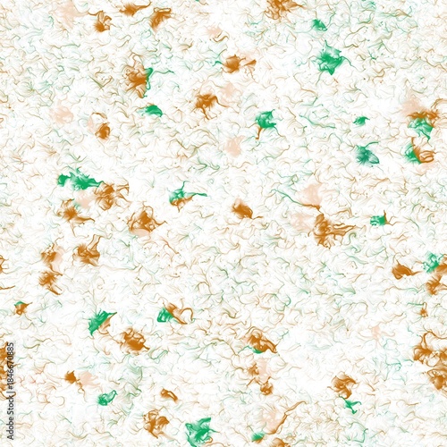 Thin curves and bright splashes. Abstract seamless hand drawn background. Japanese pattern imitation. Dirty orange, light apricot and elf green colors.