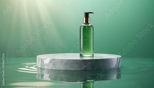3d podium on water ripples backdrop. Illustration of product platform on a aqua wavy background. 3d rendering.