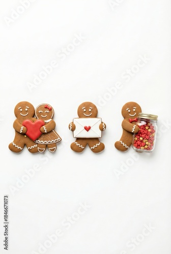 Gingerbread man cookies set featuring couple with heart, love letter envelope and mason jar. Festive holiday characters for Christmas and Valentine's Day on white background.