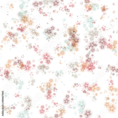 Pinkish brown, very light brown, light blue, cotton seed and dark coral transparent flowers on the white background. Seamless hand drawn pattern for wrapping, textile, print