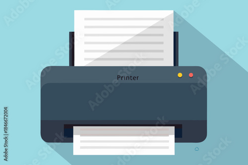 A flat design illustration of a dark gray printer with paper