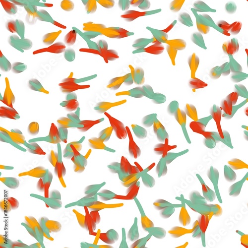 Abstract brush strokes, calla flower imitation. Tomato red, yellow orange and pale teal colors on the white background. Seamless hand drawn pattern.