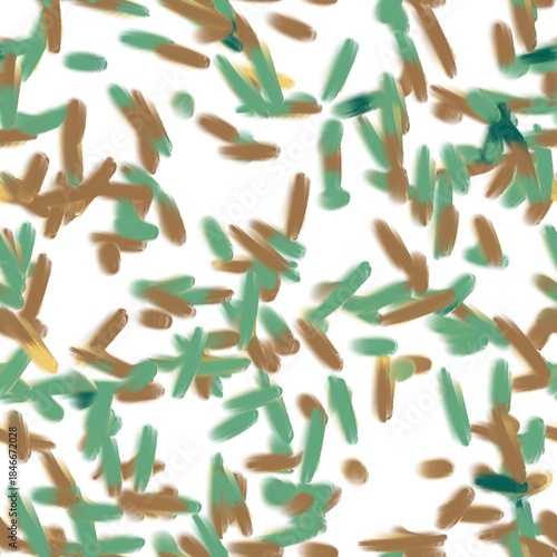 Multicolored long brush strokes. Liquid texture. Deep teal, dusty green, pale brown and light mustard colors on the white background. Seamless hand drawn pattern