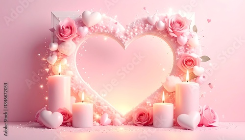 Romantic pink image of a heart-shaped frame, roses, candles, and heart-shaped decorations, creating a soft and loving atmosphere