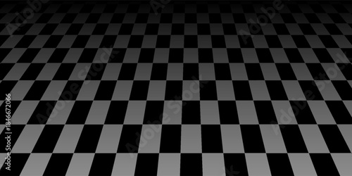 Retro perspective background stage with a black and white checkered floor, featuring vintage chess board style. Fading away vanishing checkerboard texture. Abstract vector illustration pattern surface