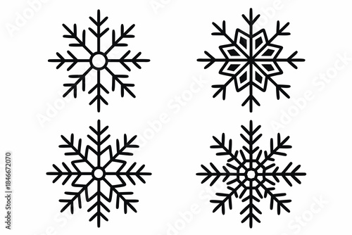 Four detailed snowflake illustrations with unique patterns and symmetrical designs