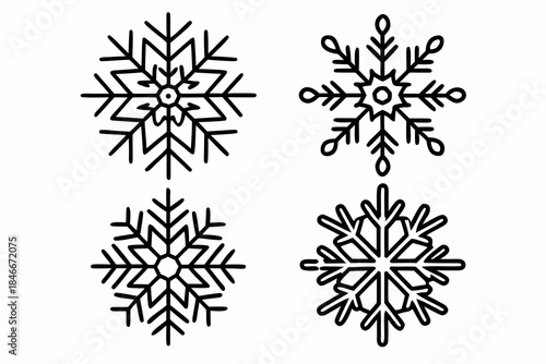 Four unique black and white snowflake illustrations on a clean white background