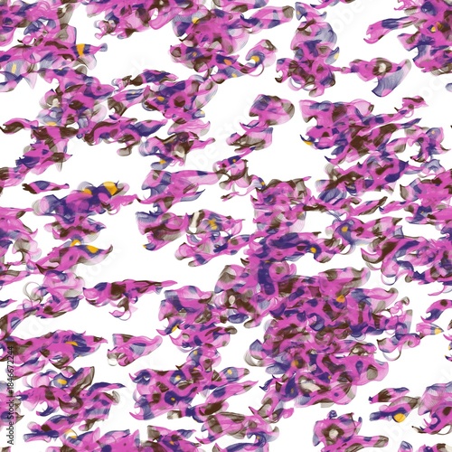 Scattered, free-flowing brush strokes or a textured net-like surface.Veil or fish net imitation.Pale magenta, brown, purple and yellow orange colors on the white background.Seamless hand drawn pattern