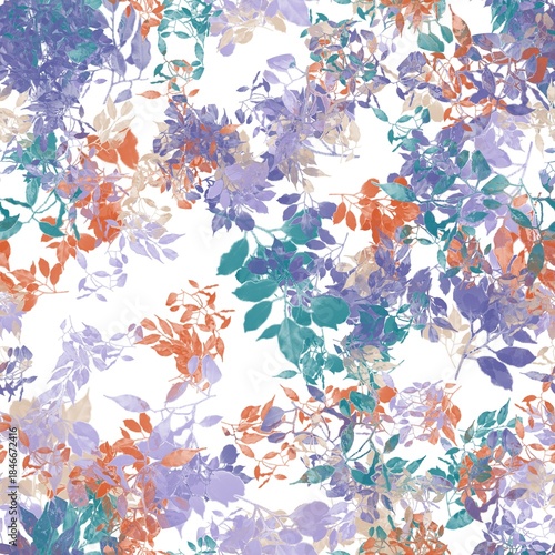 Dusty teal, kashmir blue, dark peach, light beige and light pastel purple tree branches with leaves on the white background. Seamless hand drawn pattern.