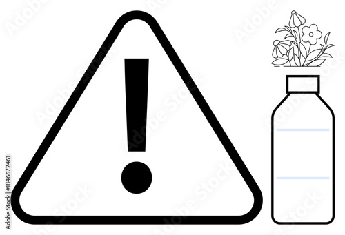 Safety guidelines, environmental caution, product warnings, natural remedies, floral safety, hazard symbols. Exclamation mark in triangle, flower bottle beside it. Safety guidelines and environmental