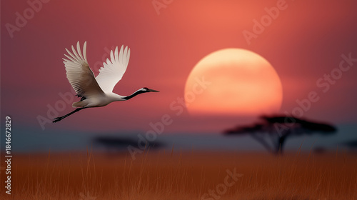 Majestic red crowned crane flies across a vibrant orange sunset over the African savanna landscape at dusk