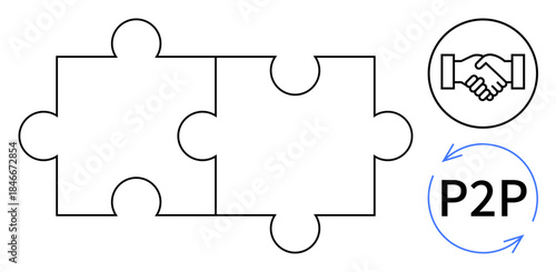 Peer-to-peer concept. P2P collaboration through interconnected puzzle pieces, a handshake icon, and circular arrows. Peer-to-peer networks revolutionize cooperation and data sharing. Ideal