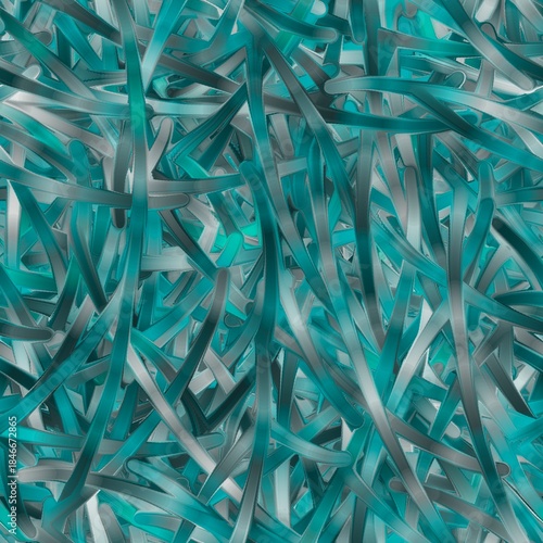 Complex abstract pattern composed of intertwined, ribbon-like shapes in shades of teal, silver and gray. The elements with semi-metallic, glossy texture. Seamless hand drawn pattern.