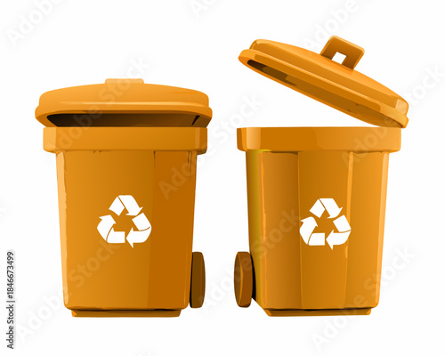 Two orange recycling bins one open displaying the universal recycling symbol