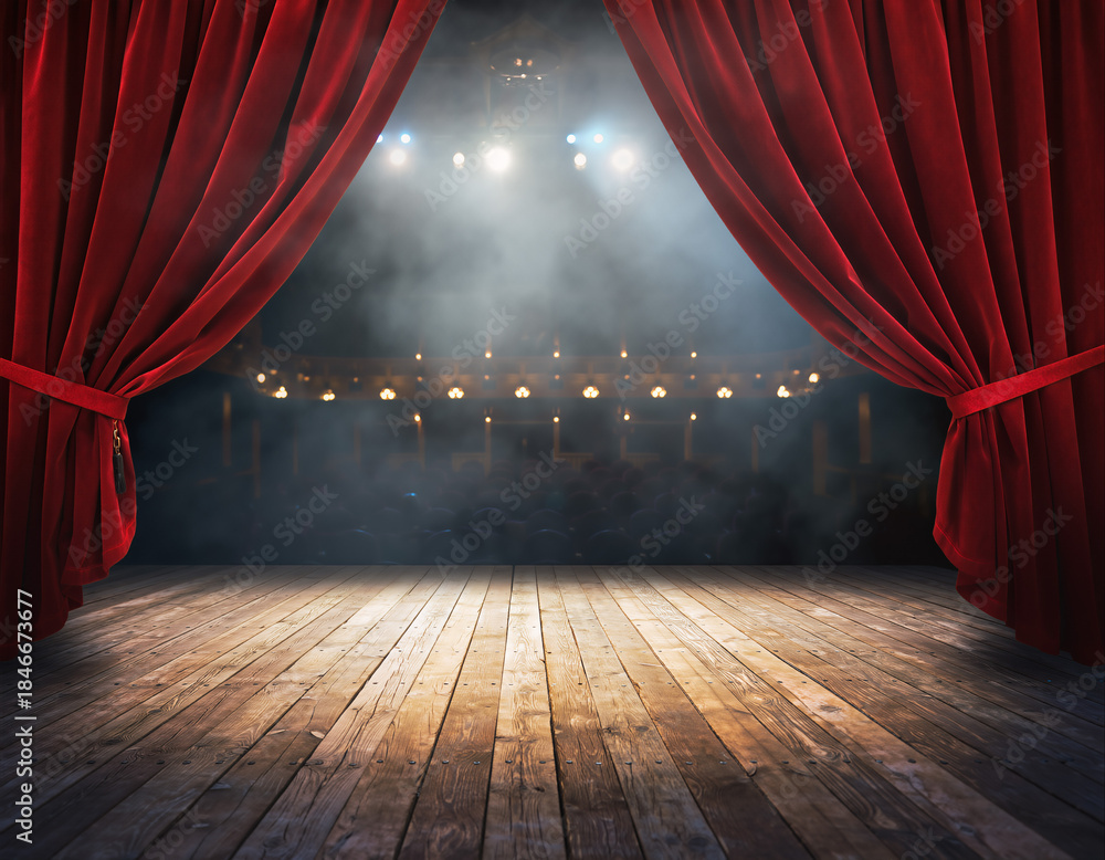 Fototapeta premium Dramatic theatre scene with curtains drawn back showing stage ready for performance and audience lights dimmed
