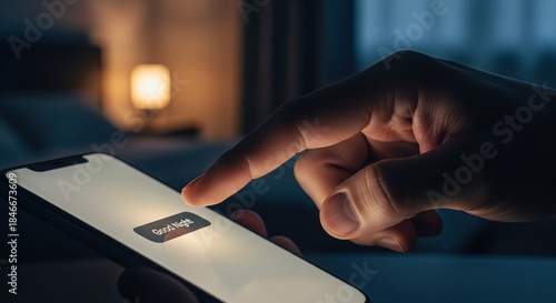 Close-Up of Hand Touching Phone Screen with Good Night Message in Cozy Bedroom Setting