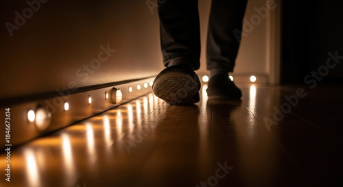 Footsteps Along the Illuminated Pathway in a Dimly Lit Indoor Environment