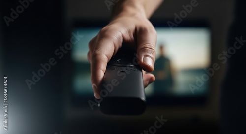 Hand Reaching for Remote Control in Front of Blurred Television at Home Setting