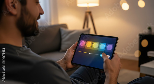 Man Enjoying Digital Music Creation on Tablet in Cozy Living Room with Modern Decor