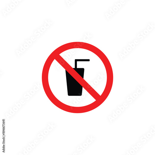 Flat vector illustration of a no drink sign showing a black beverage glass with straw crossed by a red prohibition circle. Clear warning symbol for restriction, ban, safety rule, or prohibited drinks 