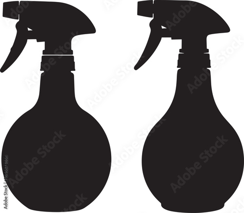 Two black silhouettes of spray bottles on a white background for cleaning or gardening icon use