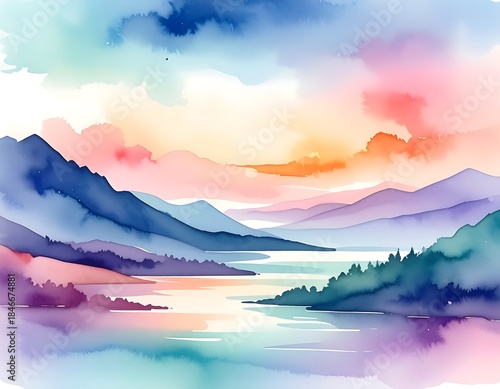 Wallpaper Mural Serene watercolor depiction of a mountain landscape with a lake reflecting the pastel hues of the sky during sunrise Torontodigital.ca