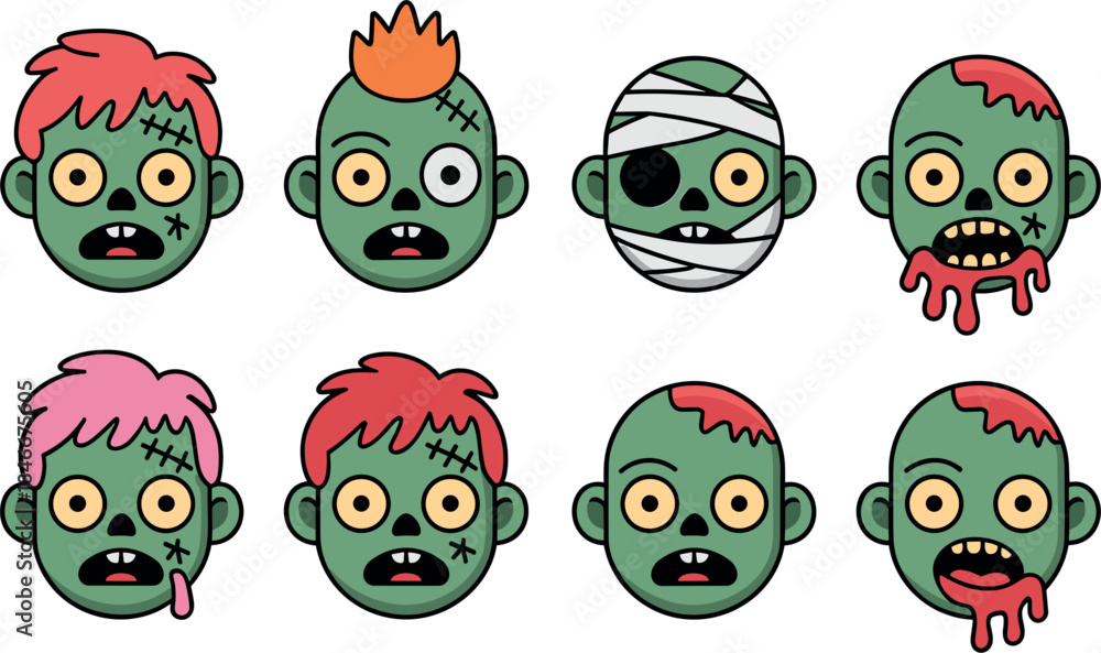 Fototapeta premium Cute cartoon zombie head collection set with different expressions, wounds, hairstyles and bandages, spooky undead character icons for Halloween design projects