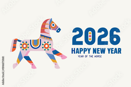 A colorful illustration of a horse and the year 2026 happy new year