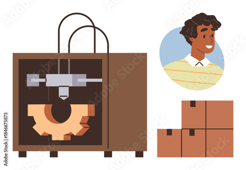 3D printer crafting a gear with a smiling person in a circle frame and stacked cardboard boxes. Ideal for technology, manufacturing, prototyping, innovation, logistics, creativity, and teamwork