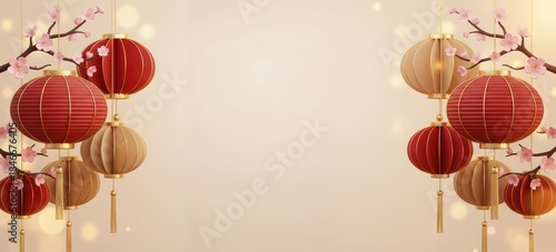 Elegant Chinese Lantern and Sakura Branch Illustration on Soft Golden Background. Traditional Asian Holiday Theme for Festive Designs and Cultural Projects