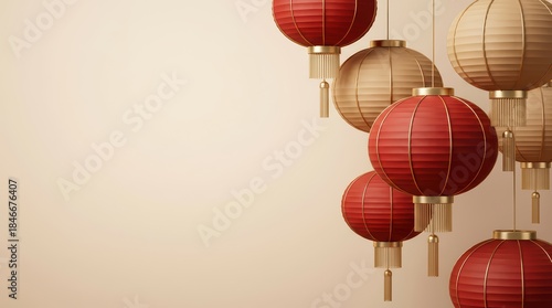 Minimalist Chinese Lantern Illustration with Empty Space for Text. Traditional Asian Holiday Theme with Red and Gold Paper Lanterns on Soft Beige Background. 