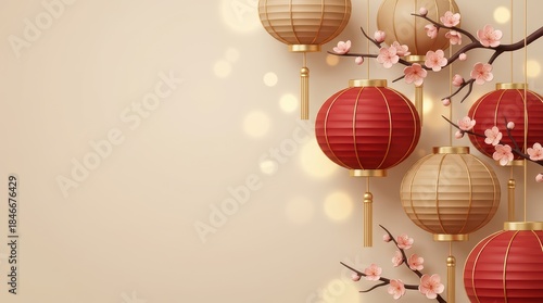 Elegant Chinese Lantern and Sakura Branch Illustration on Soft Golden Background. Traditional Asian Holiday Theme for Festive Designs and Cultural Projects