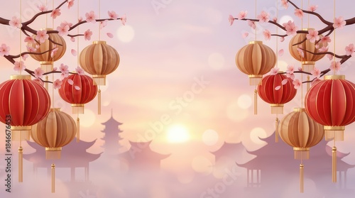 Colorful Red Lantern Illustration with Cherry Blossoms and Asian Temple Silhouettes. Festive Chinese New Year Theme for Cultural Holiday and Celebration Design
